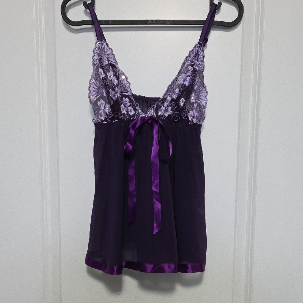 Sheer Lace Babydoll Nightie in Deep Purple with Lavender Accents